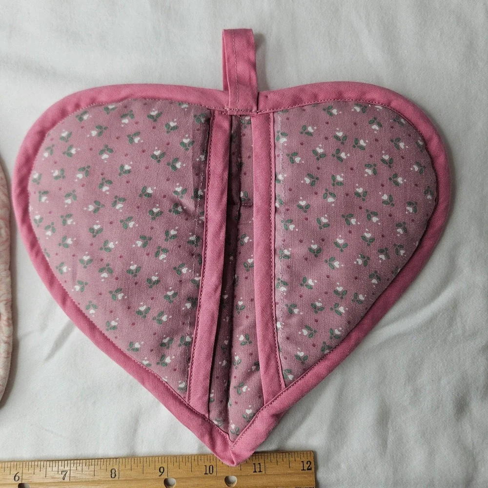 Vtg Floral Potholder Set Pink Heart Pocket Square Patchwork Cottagecore Handmade